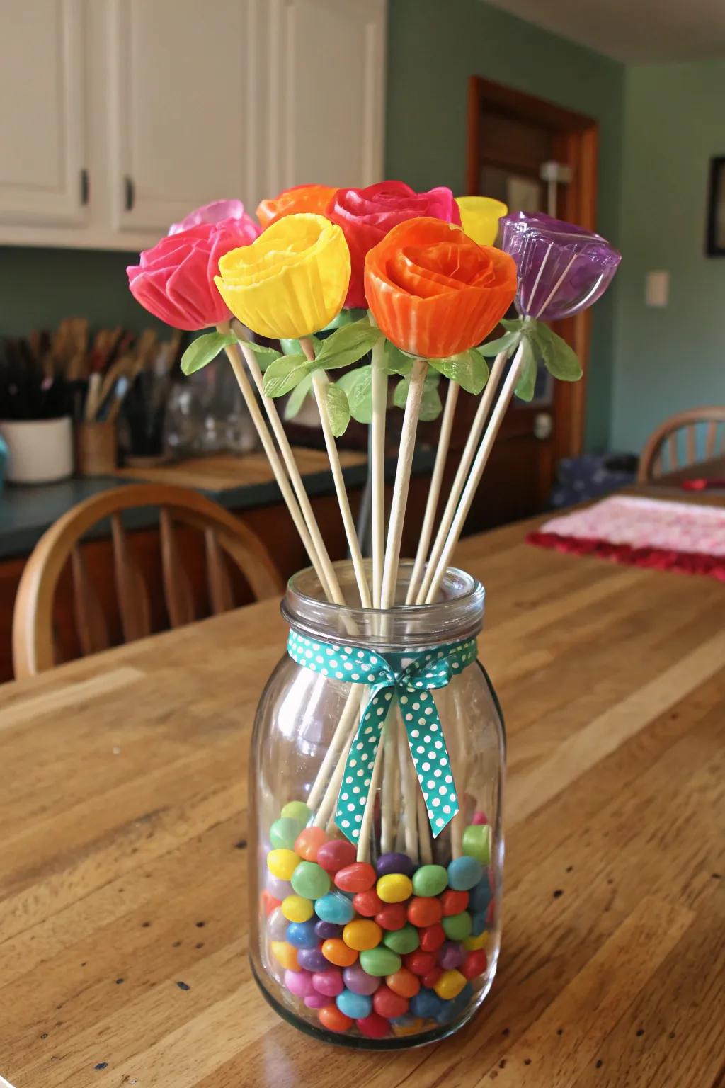 A charming candy bouquet in a mason jar.