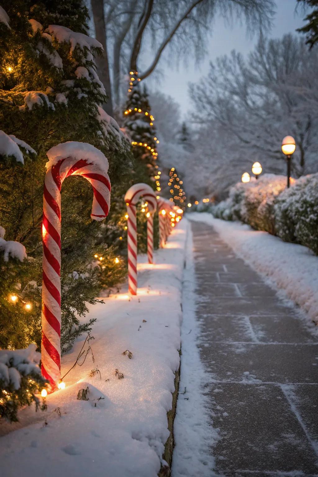 Guide your guests with a glowing candy cane pathway.