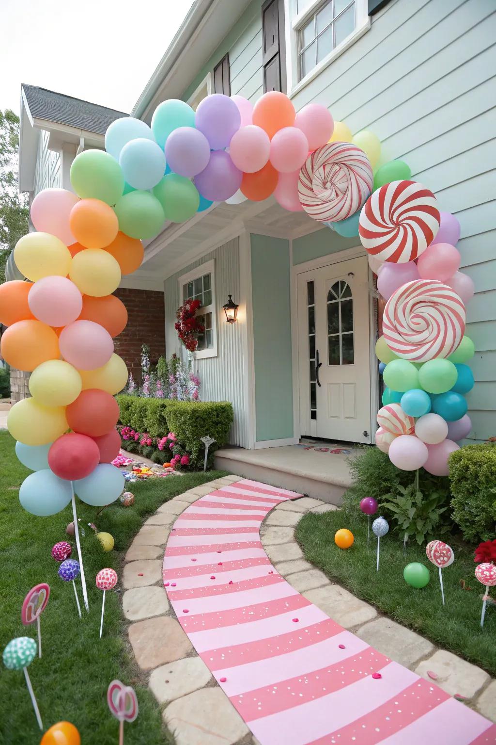 A vibrant candy-colored balloon arch welcomes guests with a sweet touch.