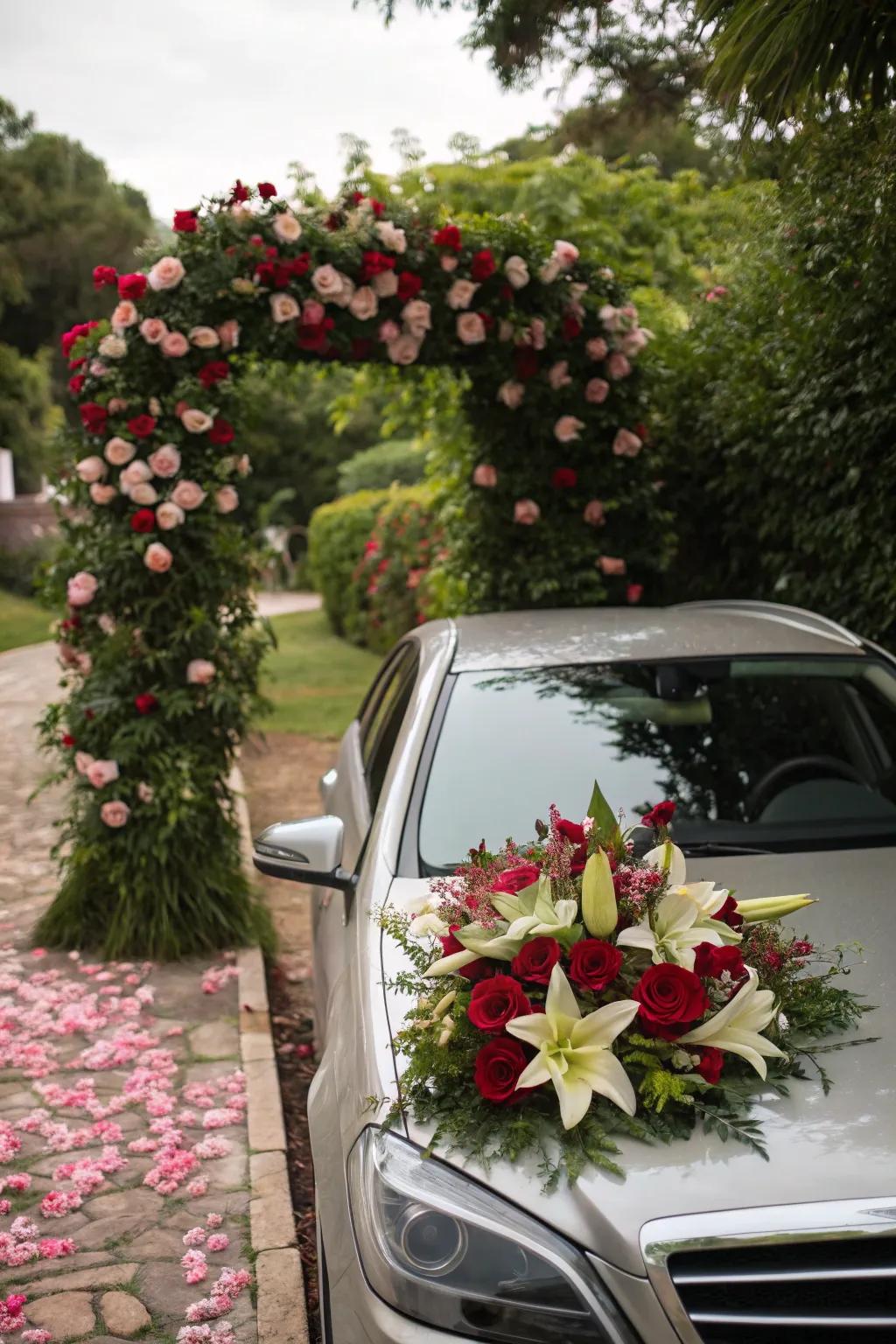 A stunning floral arrangement adds elegance to the wedding car's hood.