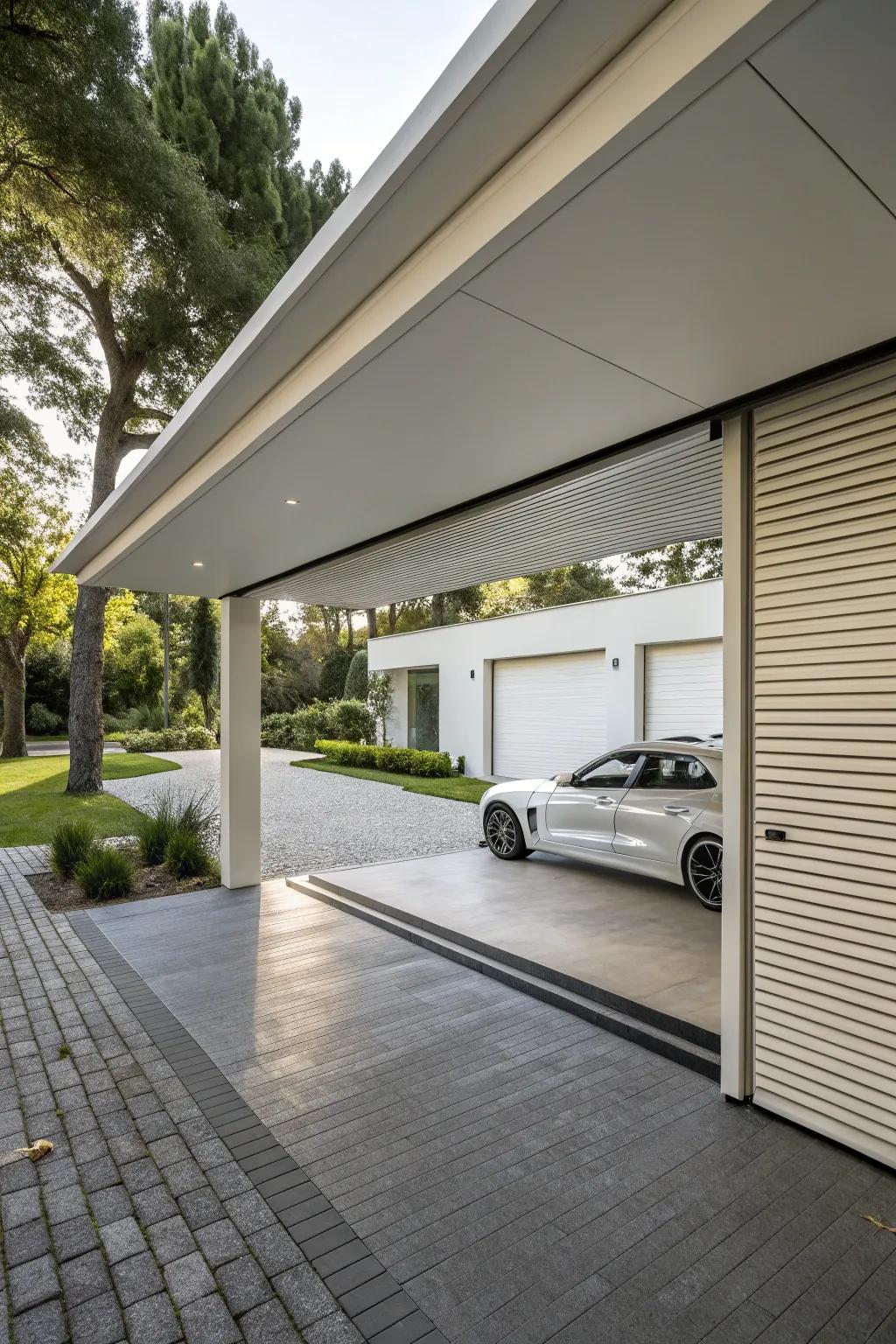 A carport featuring sleek roll-up doors, complementing modern architecture.