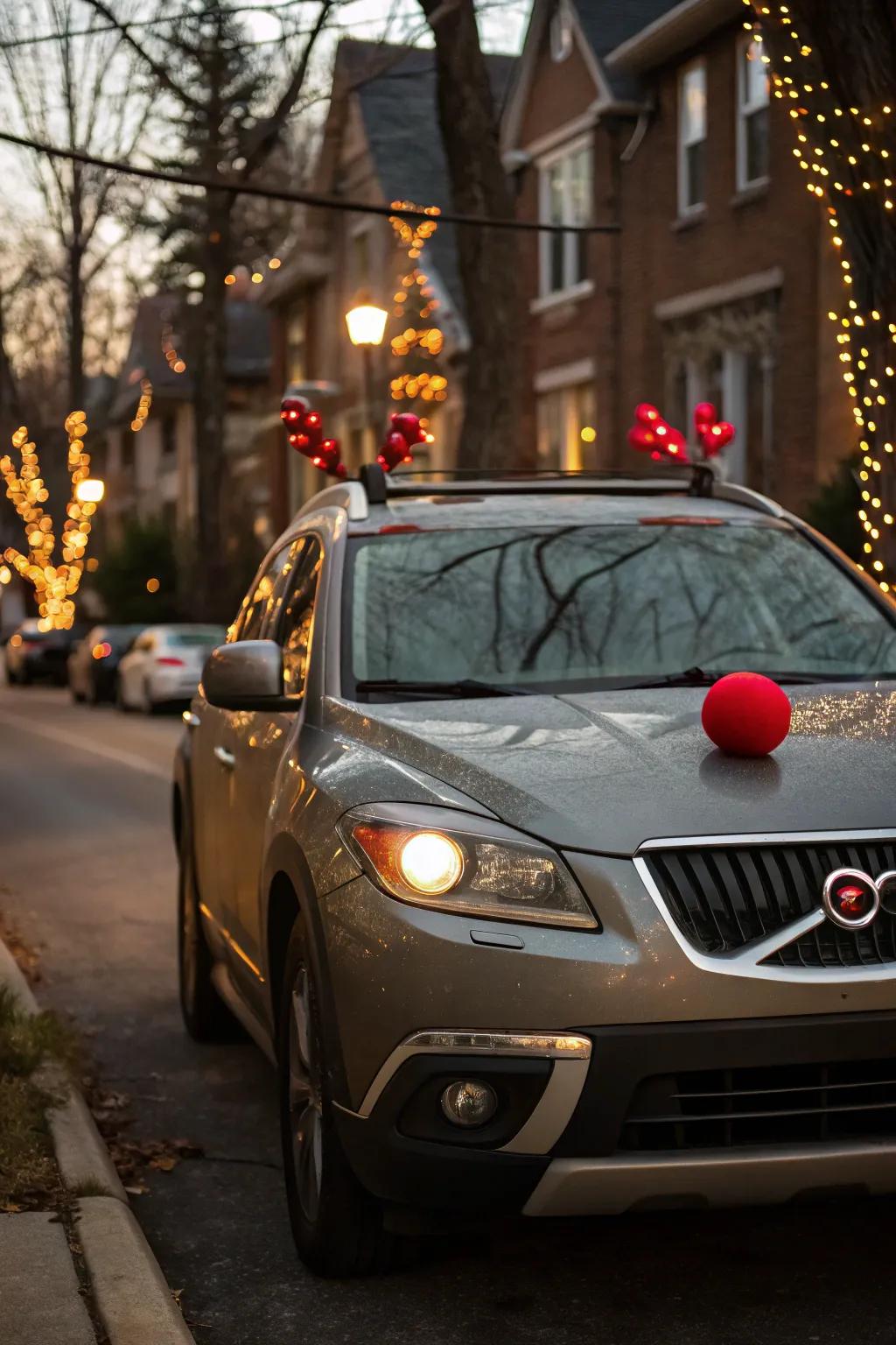 A car transformed into a reindeer, ready to lead Santa's sleigh.