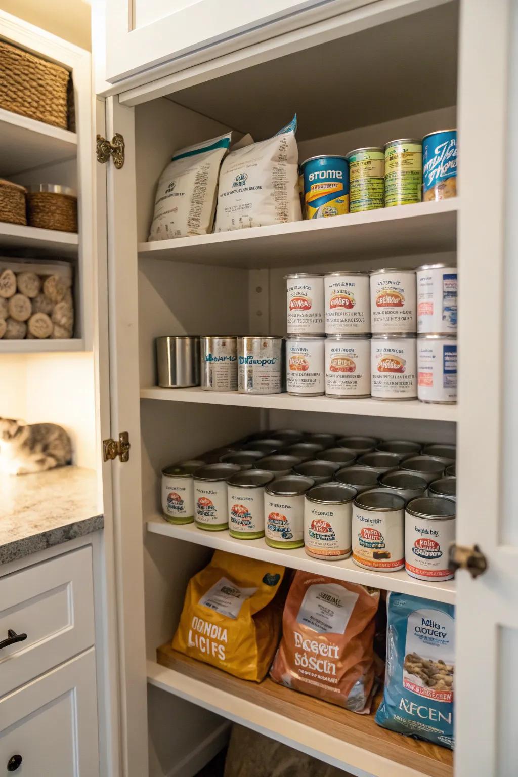 A neatly organized kitchen cabinet dedicated to cat food storage.