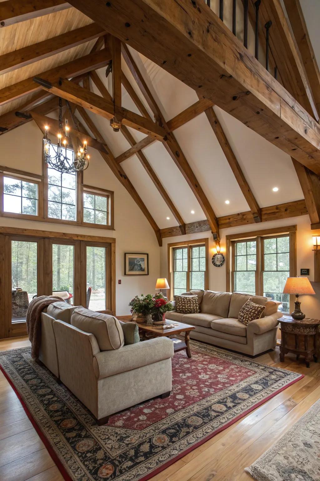 Exposed beams add rustic charm to this cozy living space.