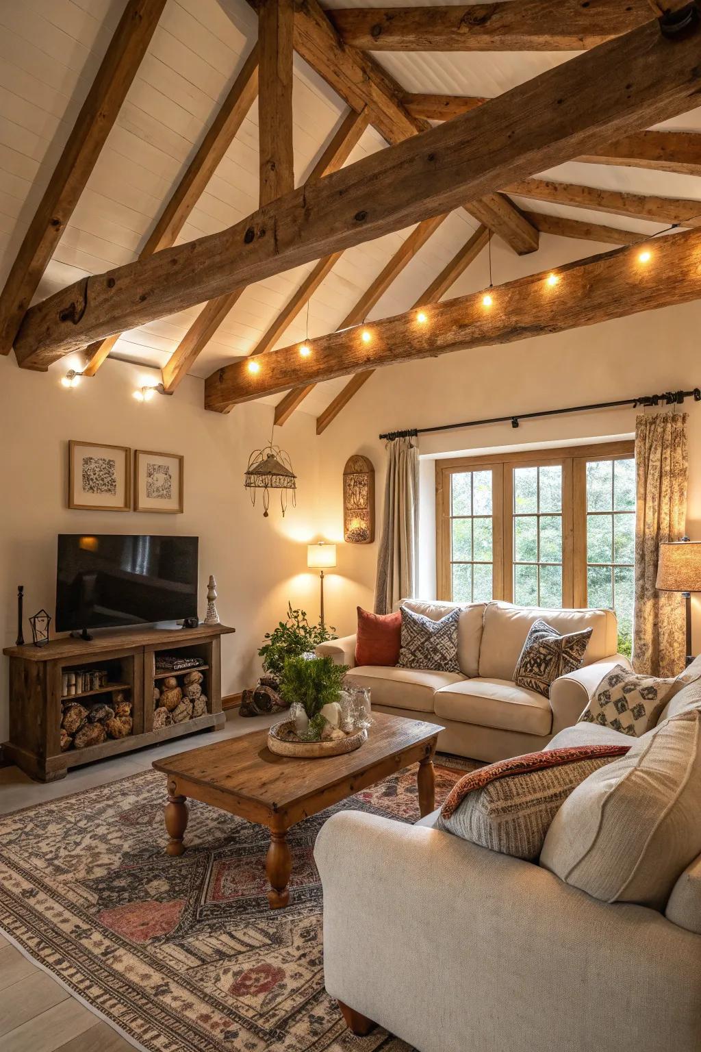 Rustic charm takes center stage with exposed wooden beams in this inviting space.