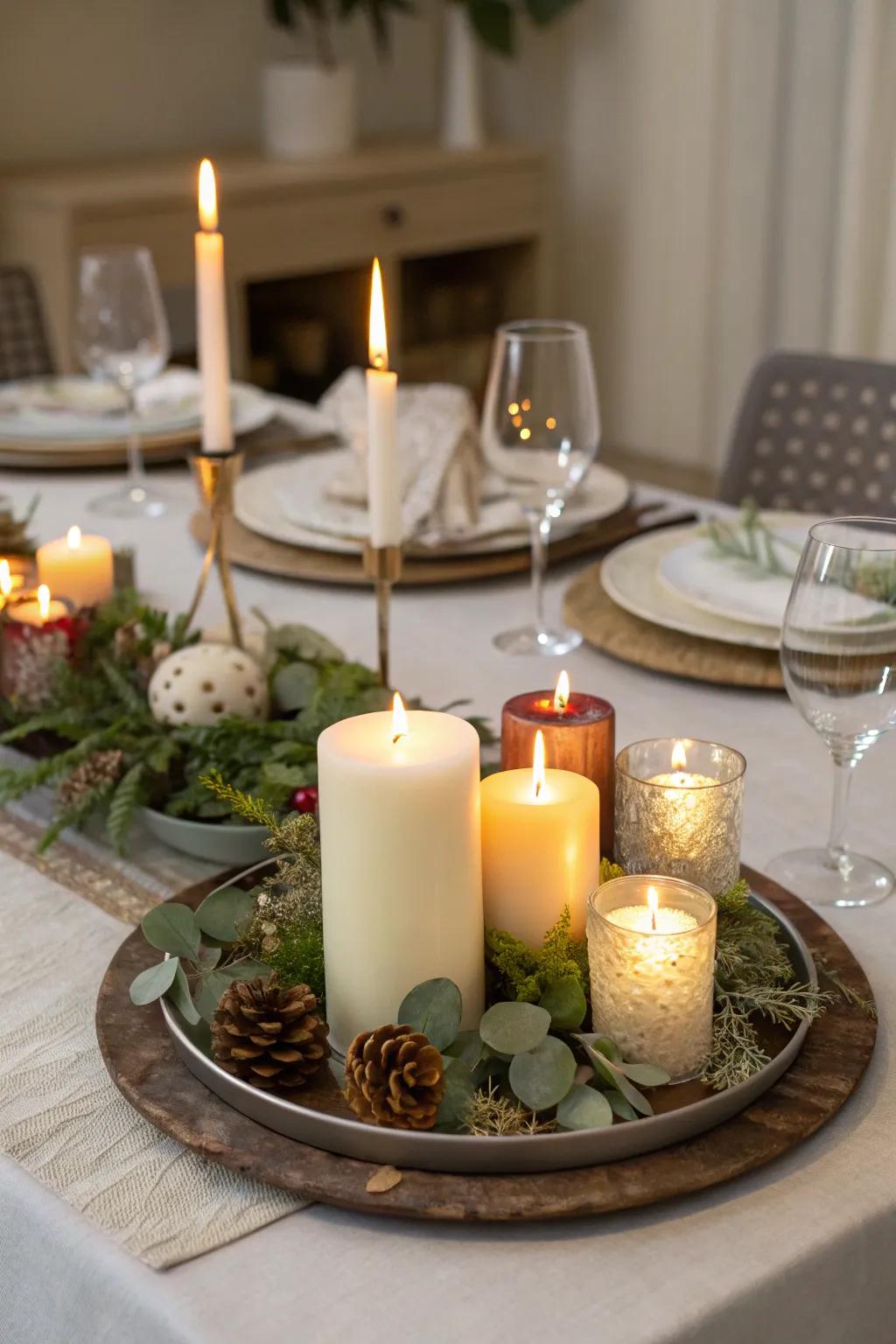 Create a cozy ambiance with a candlelit charger plate centerpiece.