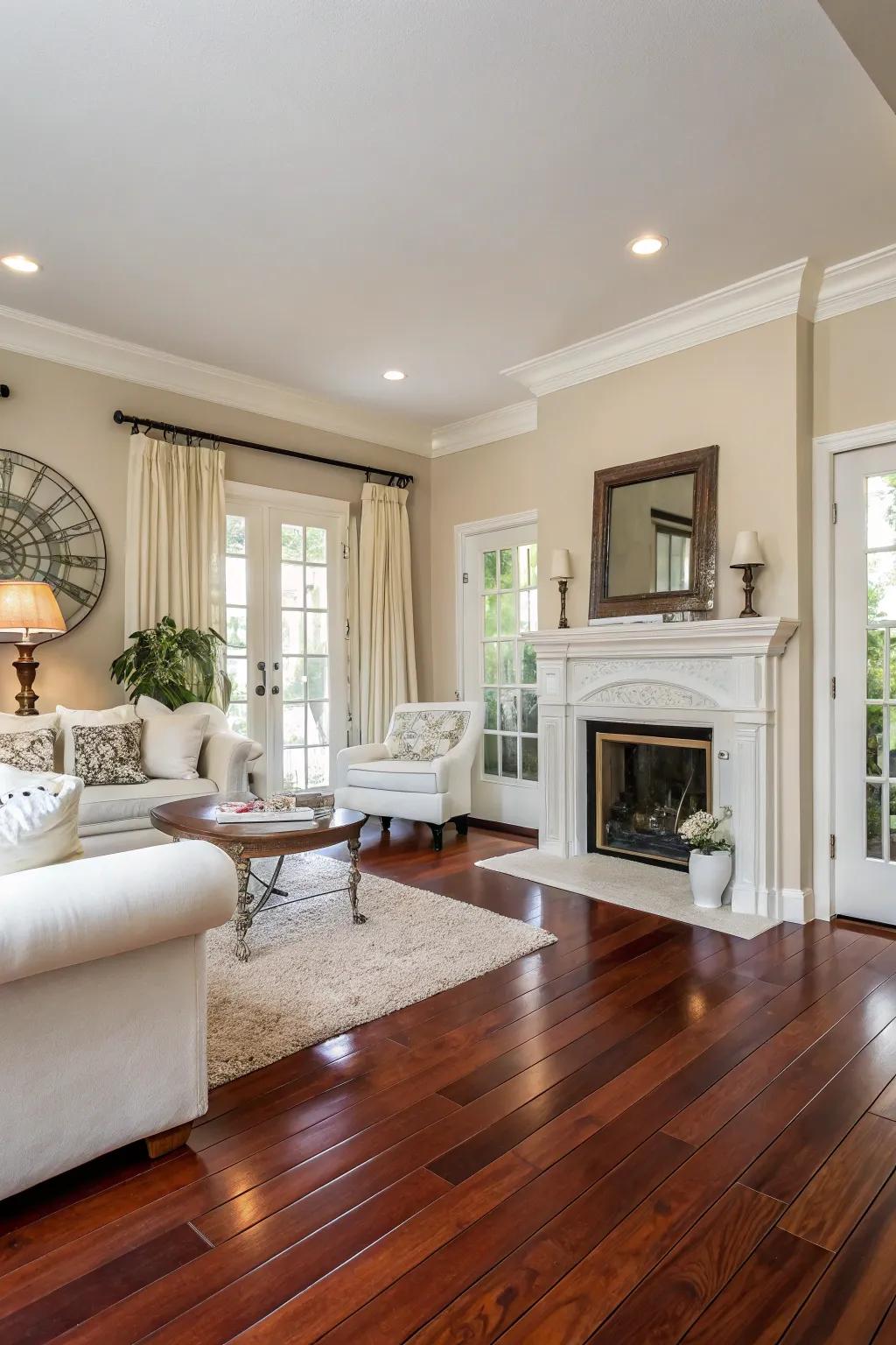 Balancing light walls with rich cherry wood floors for visual harmony.