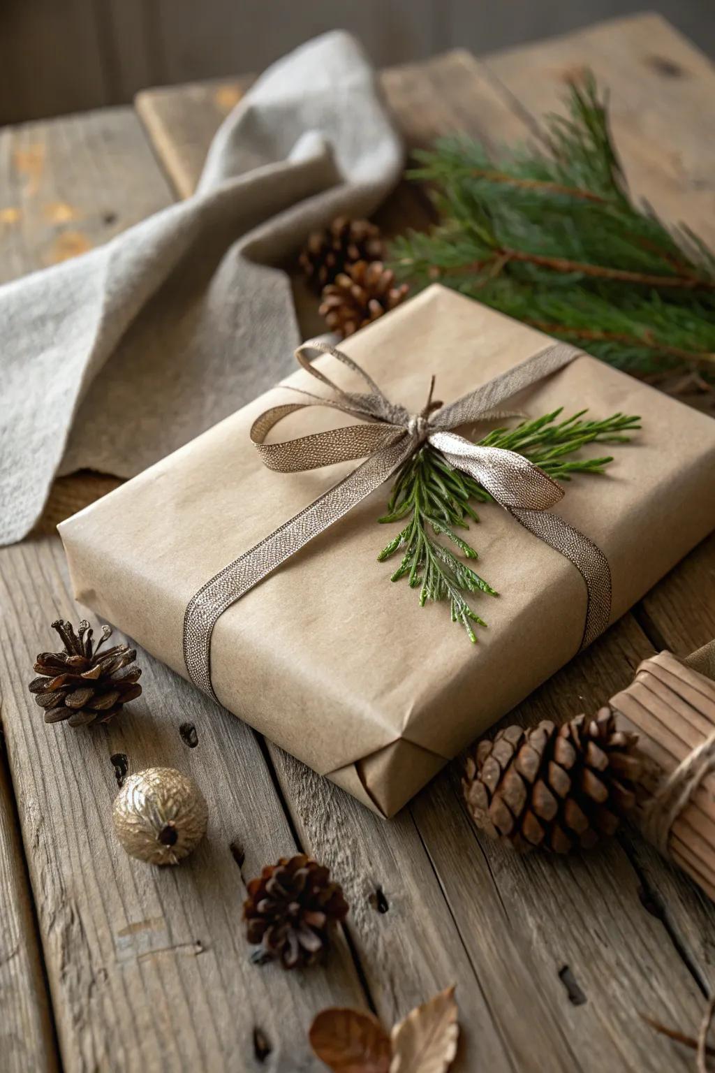 Elegant gift wrapped in brown kraft paper with a satin ribbon and evergreen sprig.