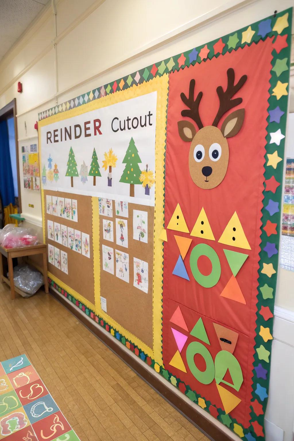 Reindeer made from geometric shapes brighten up the classroom.