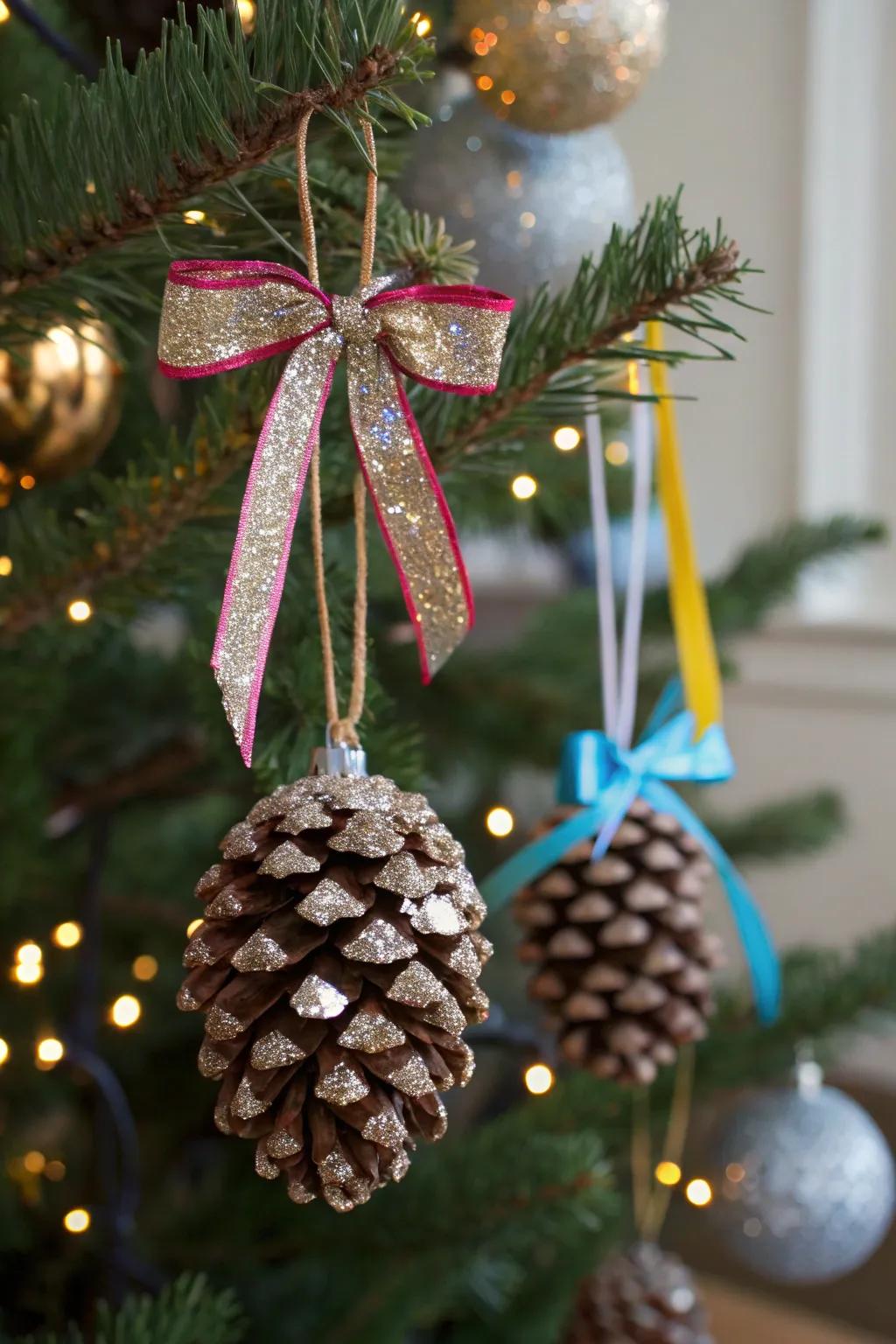 Pine cone ornaments with glitter and ribbon on a Christmas tree.