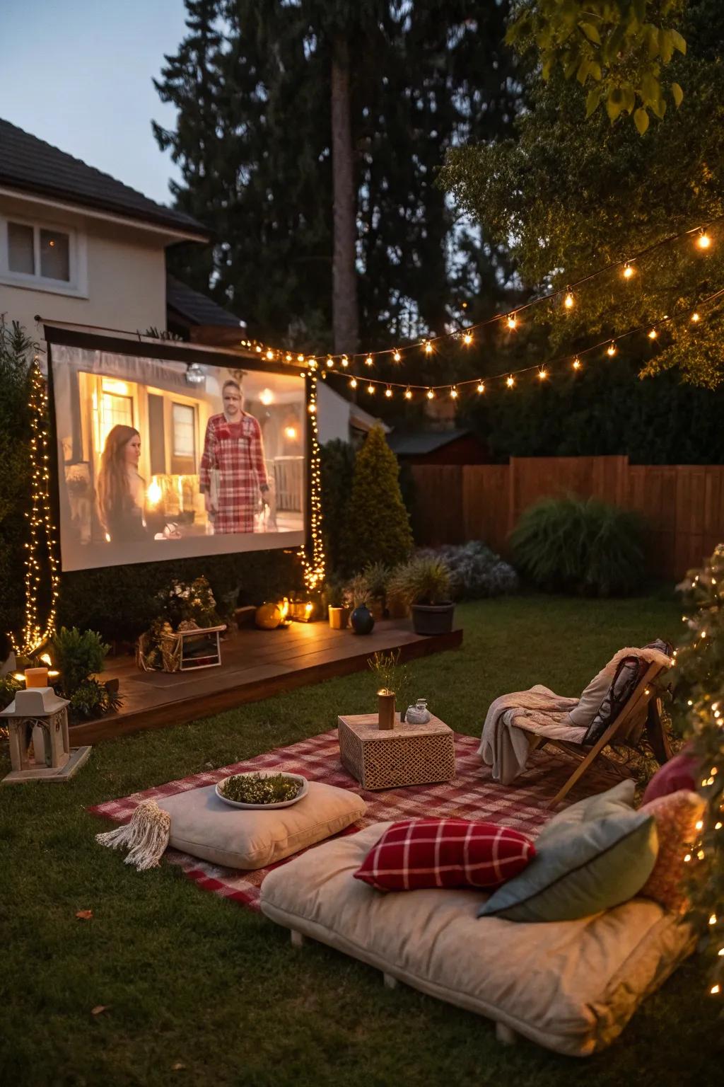 An enchanting outdoor Christmas movie night setup with all the cozy trimmings.