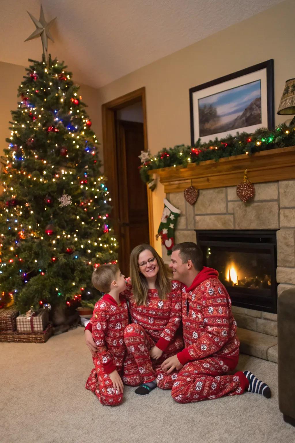 A family enjoying a festive pajama party by the Christmas tree.