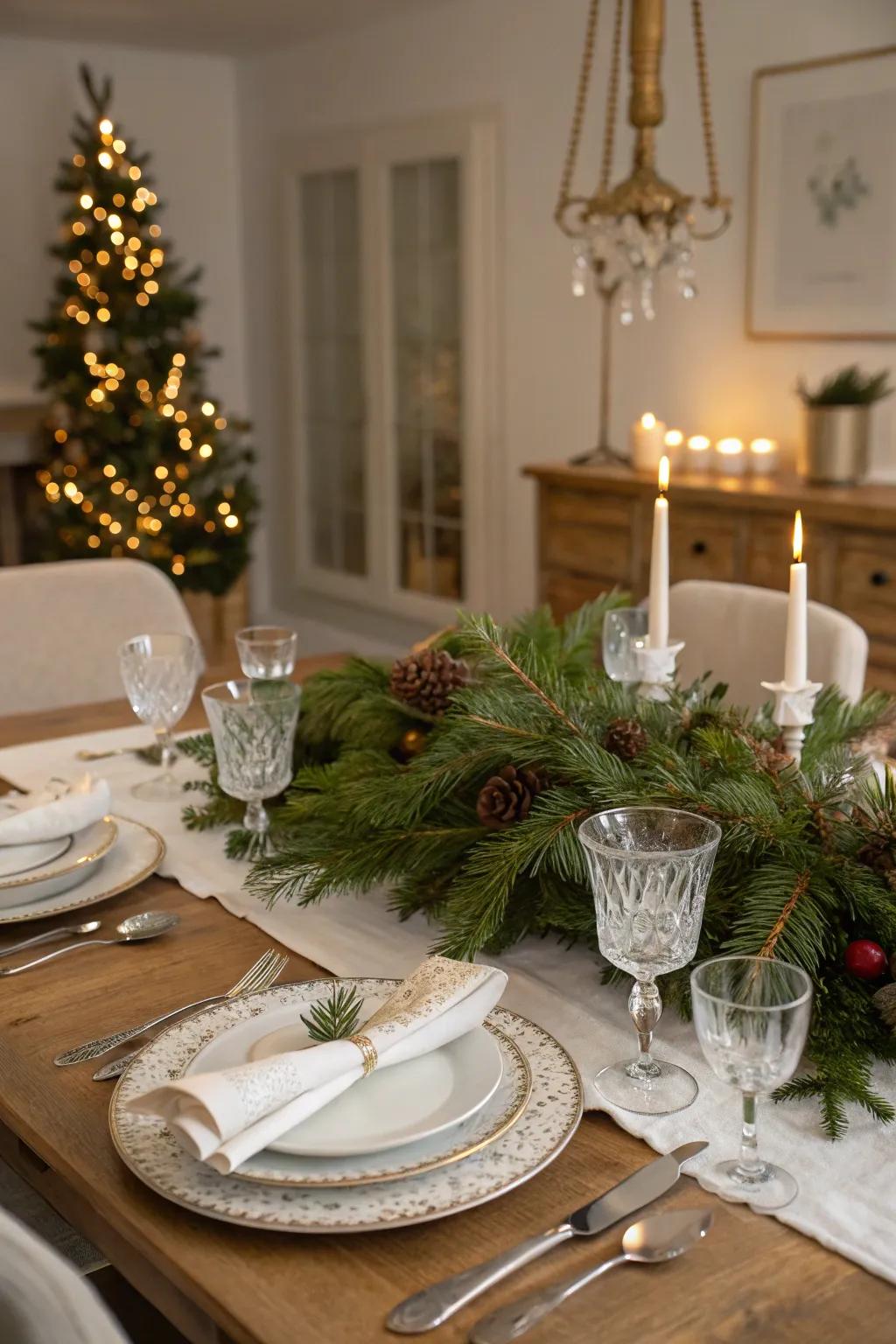 Evergreen branches form the heart of a festive table setting.