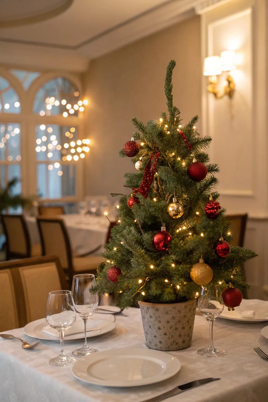 A miniature Christmas tree adds a festive touch to the table.