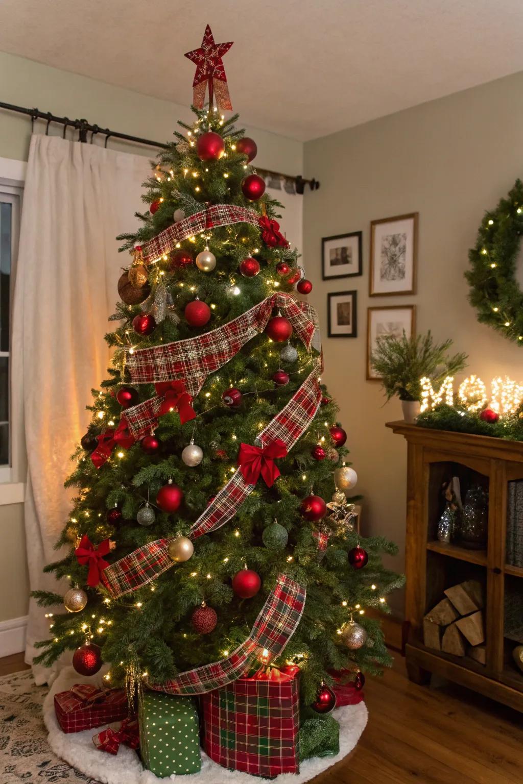 A timeless red and green Christmas tree.