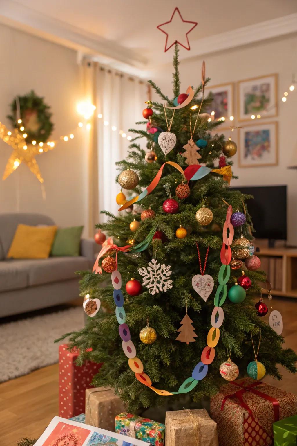 A Christmas tree full of handmade crafts by kids.