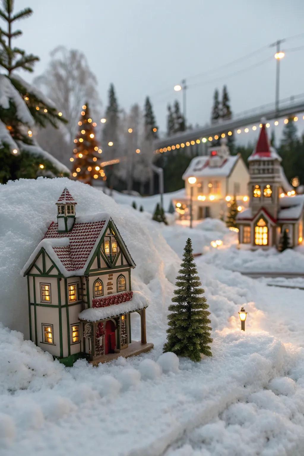 A snowy miniature village brings holiday magic indoors.