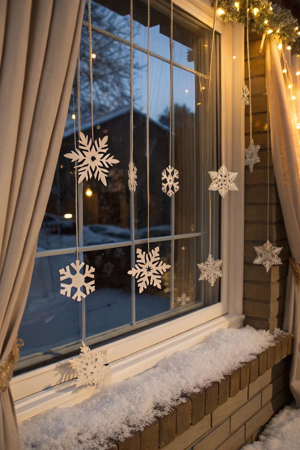 A window transformed into a snowy wonderland with hanging snowflakes.
