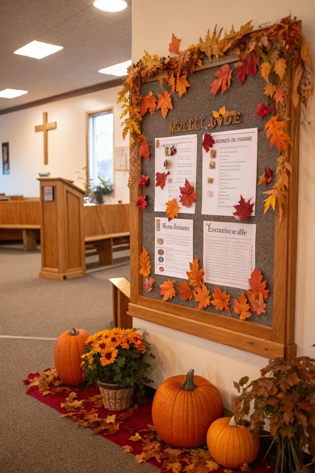 An autumn-themed church bulletin board with leaves and pumpkins.