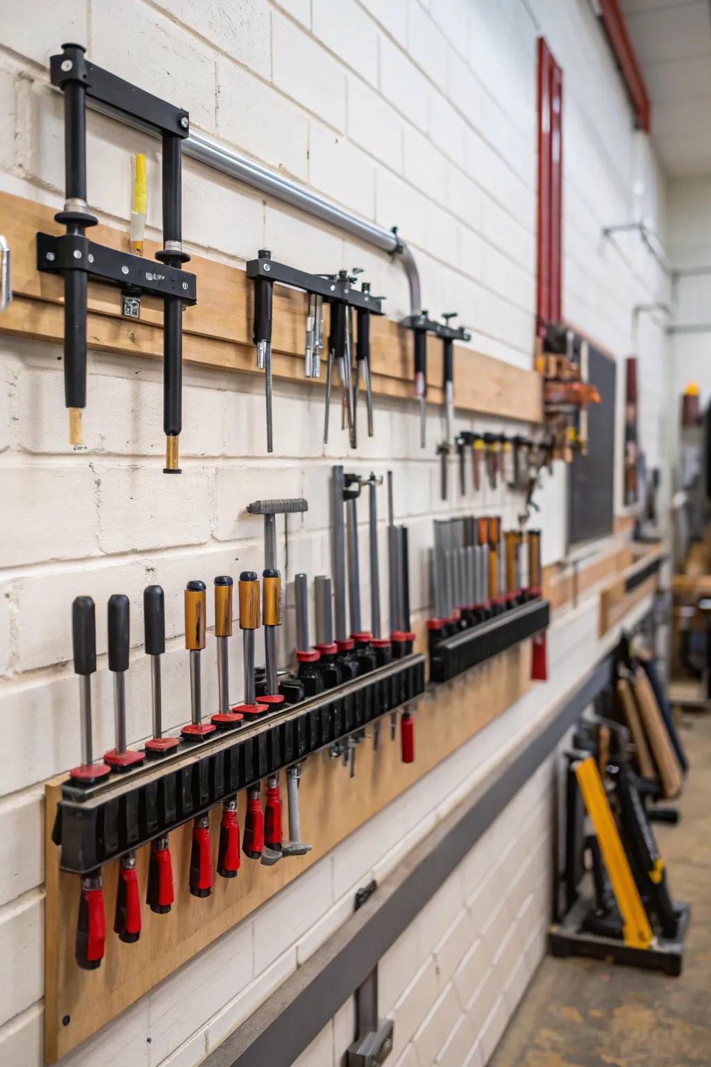 Vertical storage with wall-mounted racks keeps clamps within easy reach.