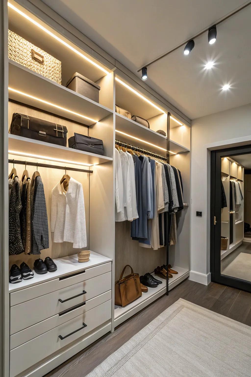 Recessed lighting offers a sleek and unobtrusive illumination for your closet.