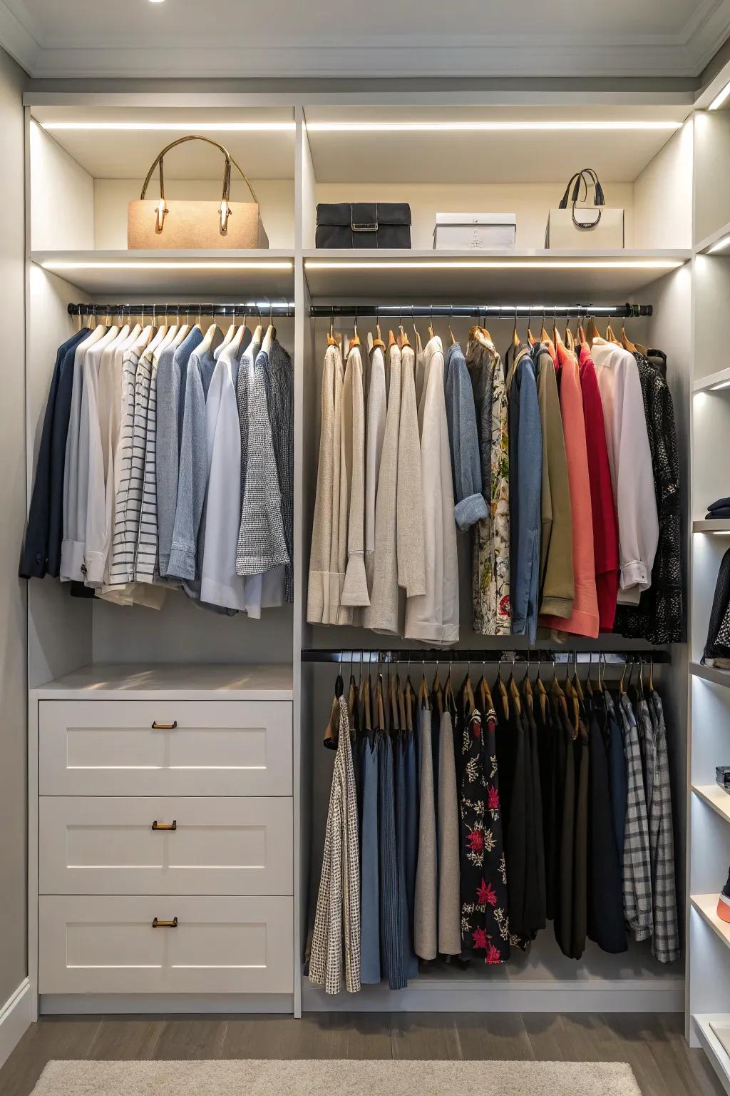 Double rods make twice the space for your favorite outfits.