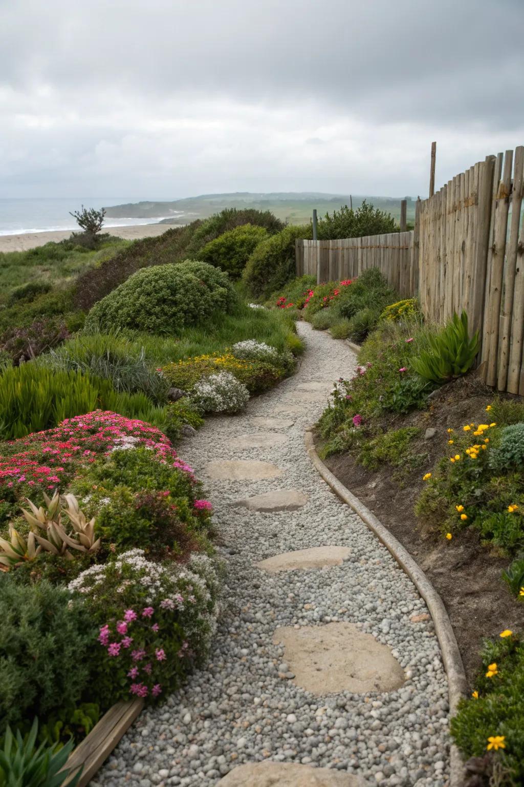 Gravel and stone pathways add texture and charm to coastal gardens.