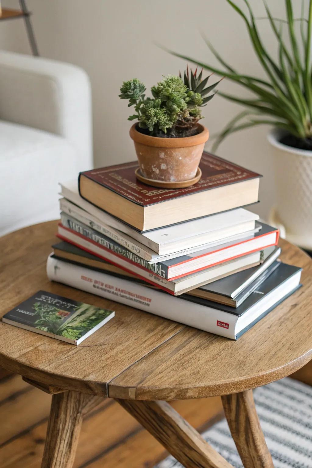 Artfully stack books of various sizes for a dynamic look.