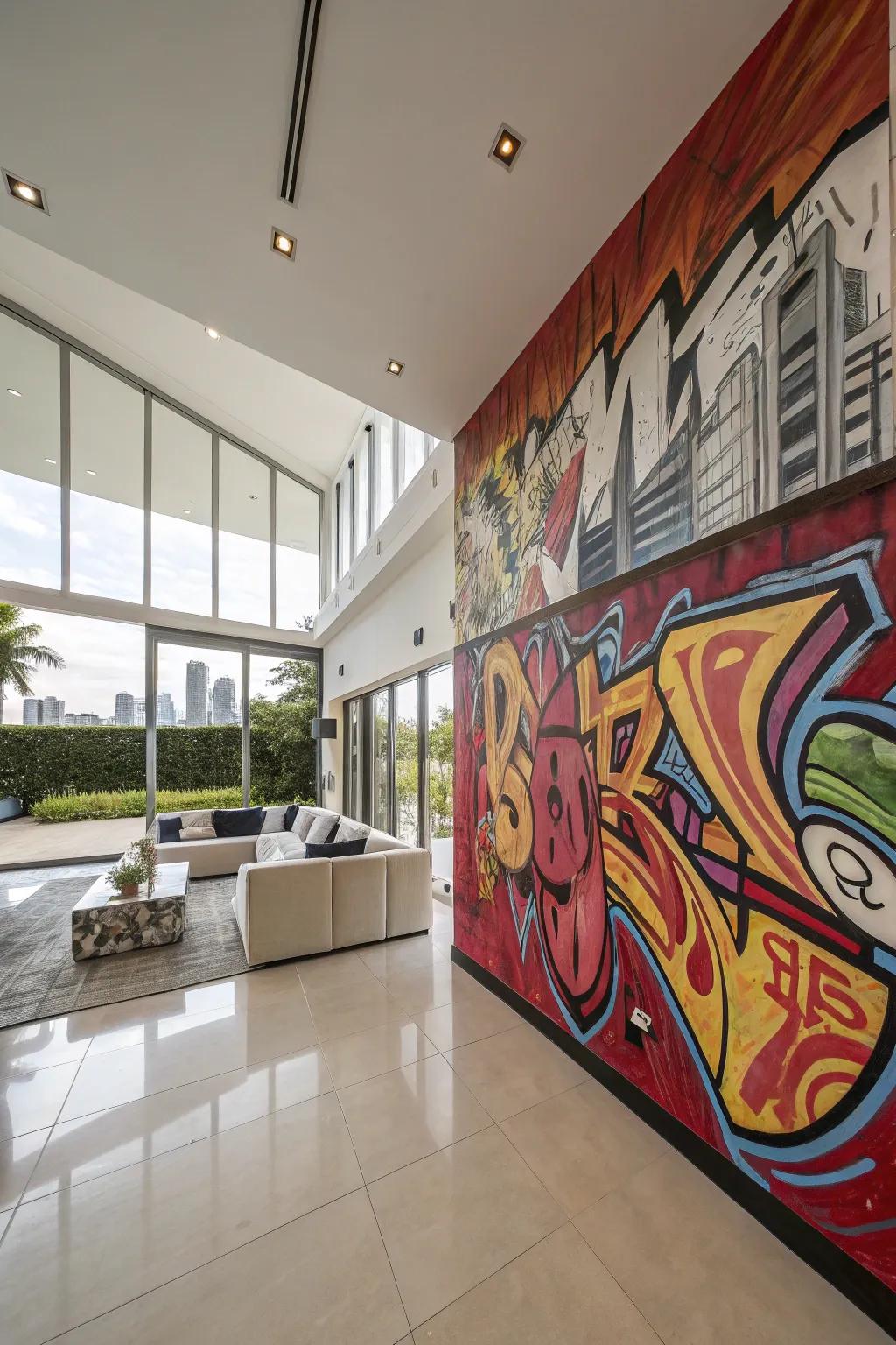 A contemporary home showcasing a wall adorned with bright and bold graffiti colors.