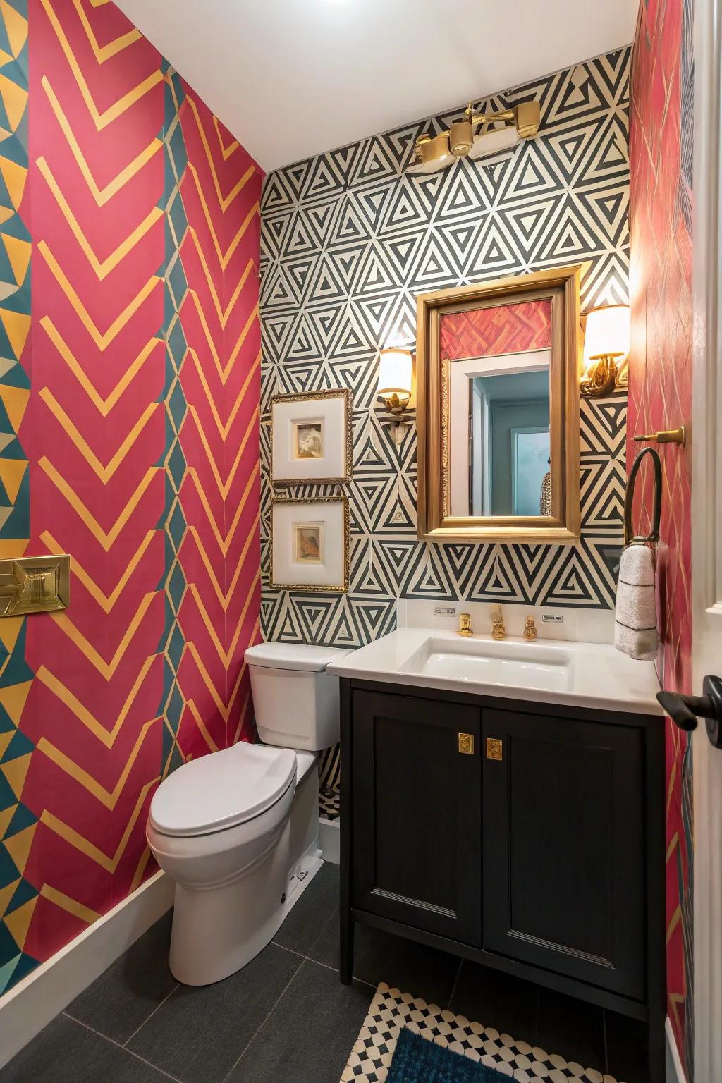 A powder room featuring bold geometric wallpaper that adds a vibrant touch.