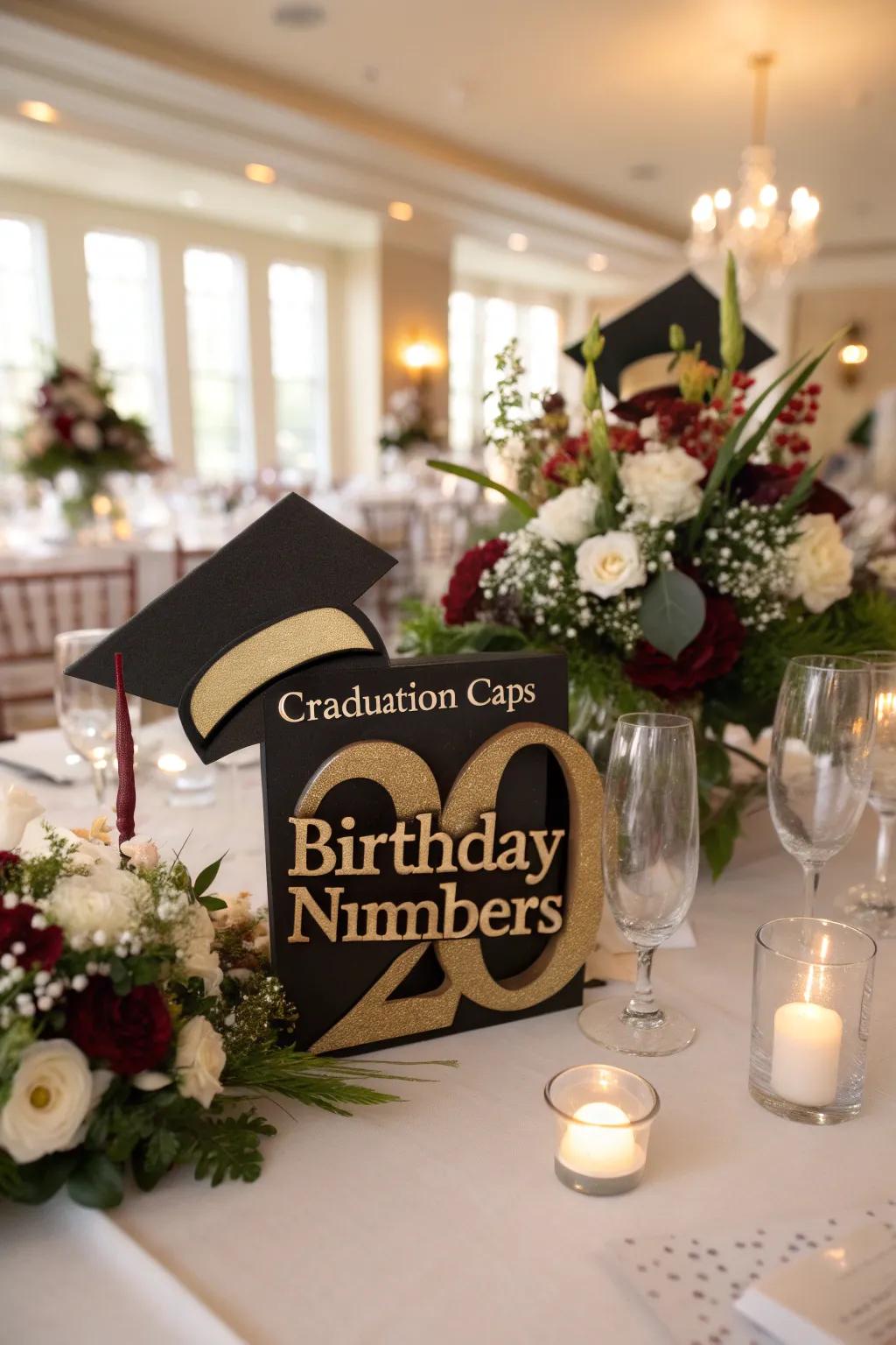 Centerpieces combining graduation caps and birthday numbers for a dual celebration.