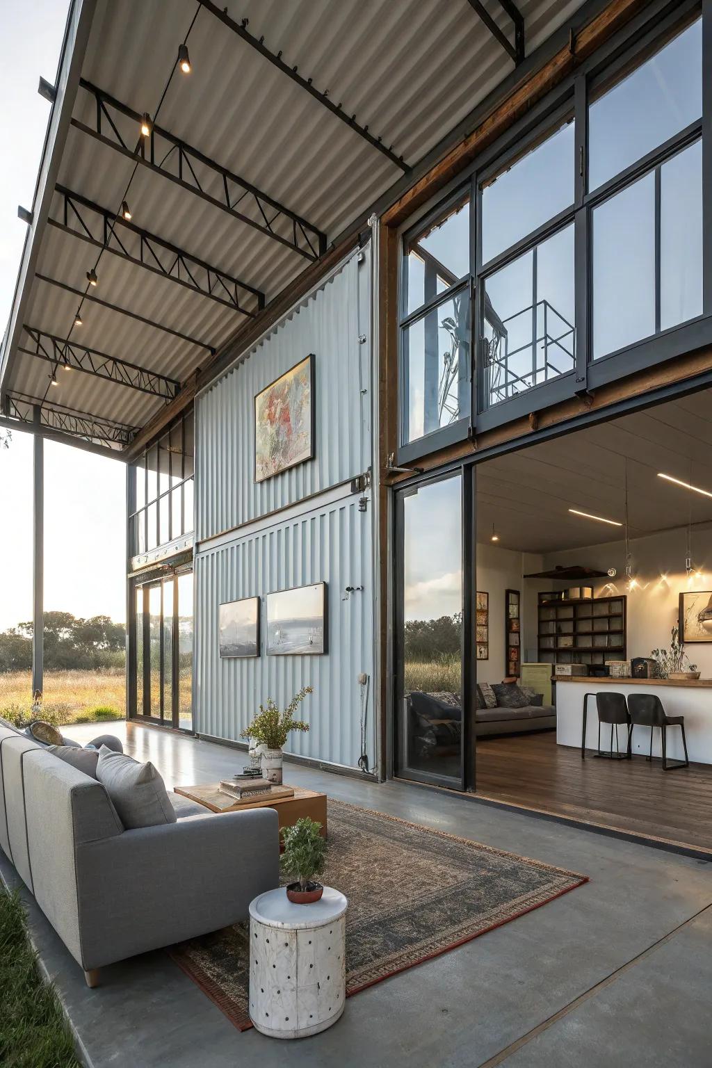 Open-concept living area in a container home with seamless indoor-outdoor flow.