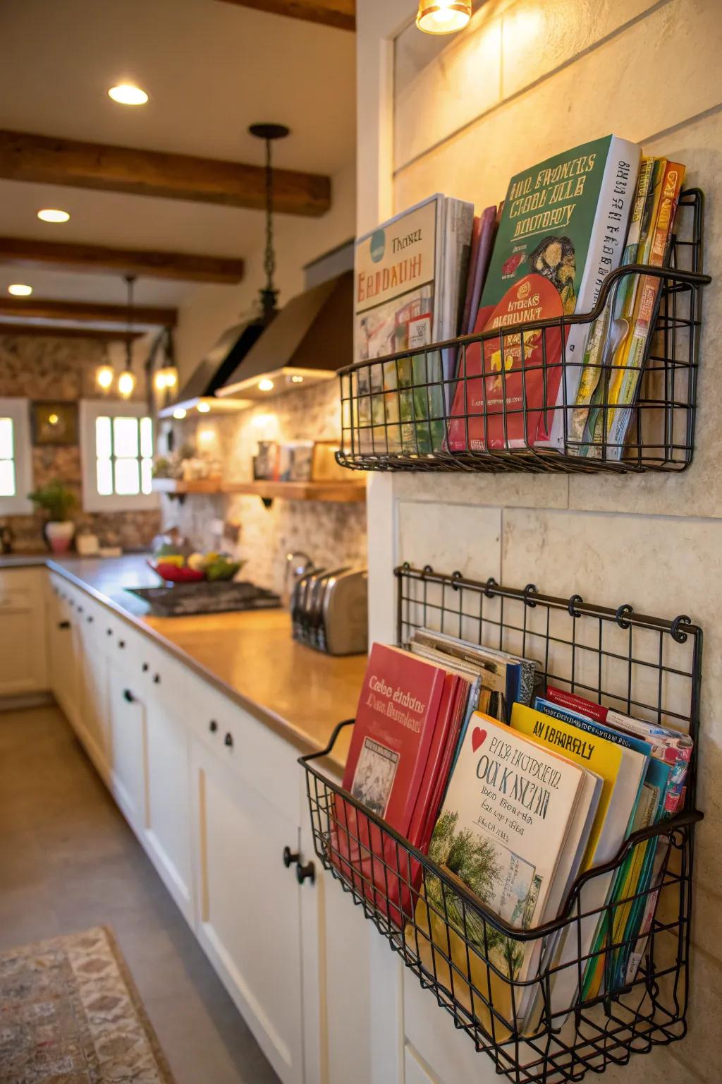 Wall-mounted wire baskets provide an industrial touch to cookbook storage.