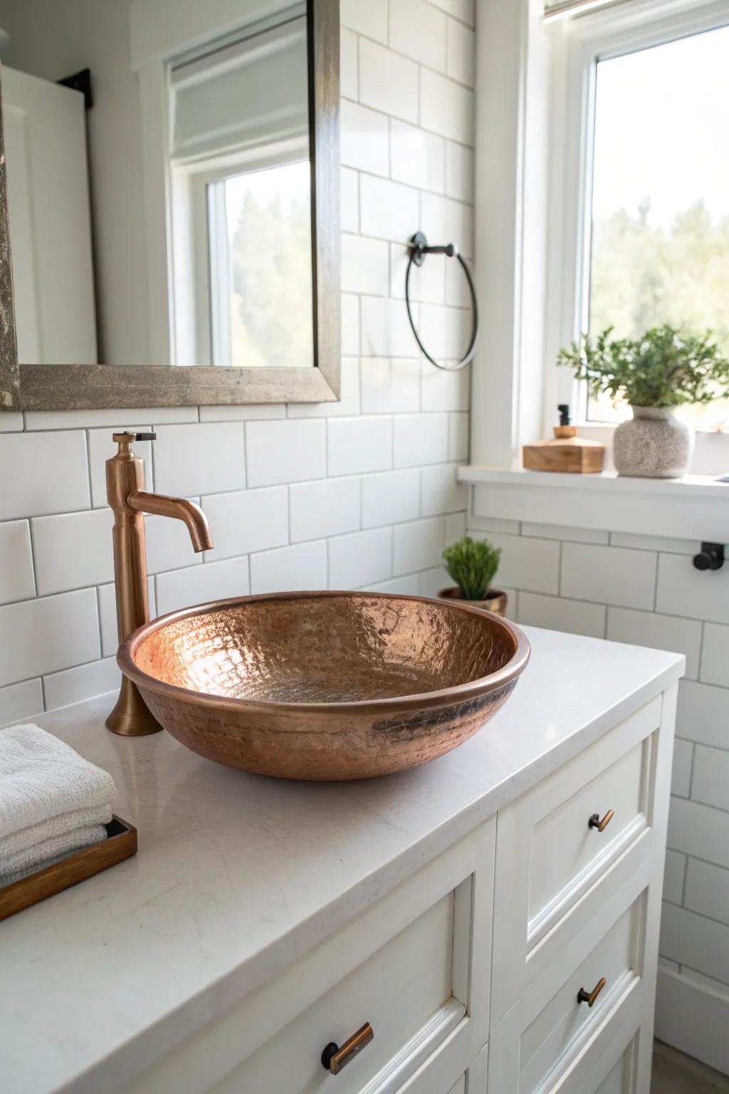 This copper vessel sink acts as a stunning piece of art in a simple, sunlit bathroom.