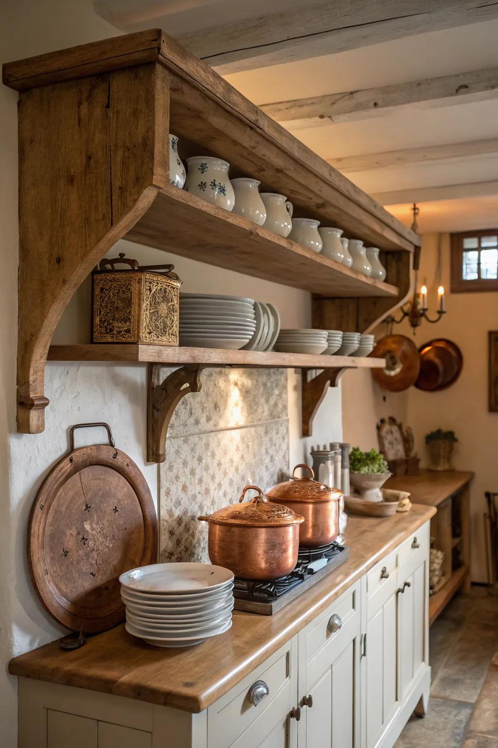 Wooden corbels create a rustic display in the kitchen.