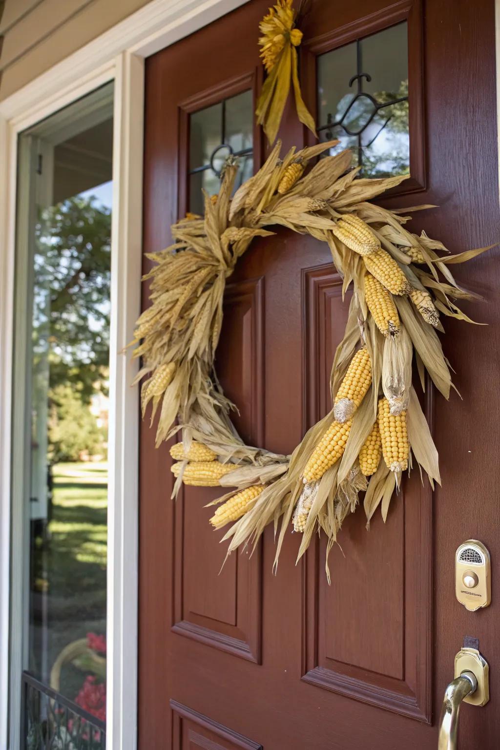 A welcoming corn wreath adorning a front door.