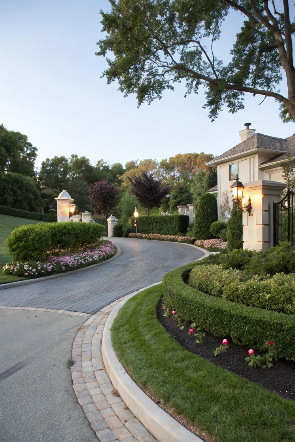 A graceful curved driveway adding elegance to a corner lot.