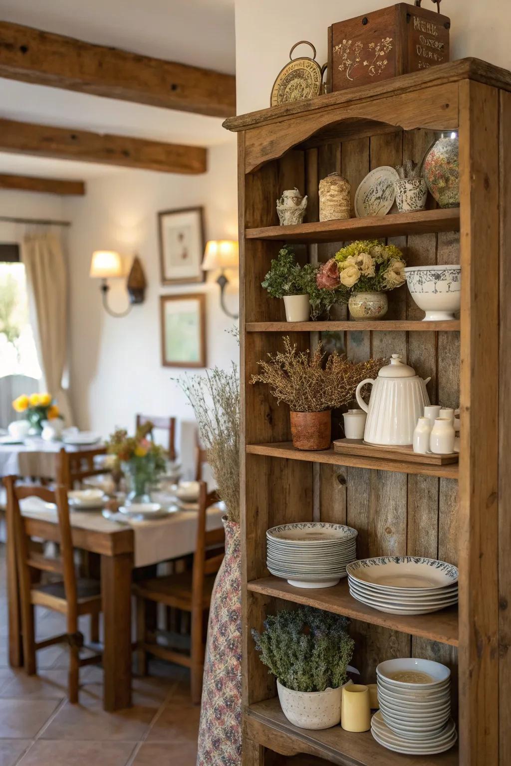 Rustic wooden shelves add warmth and charm to any dining room.