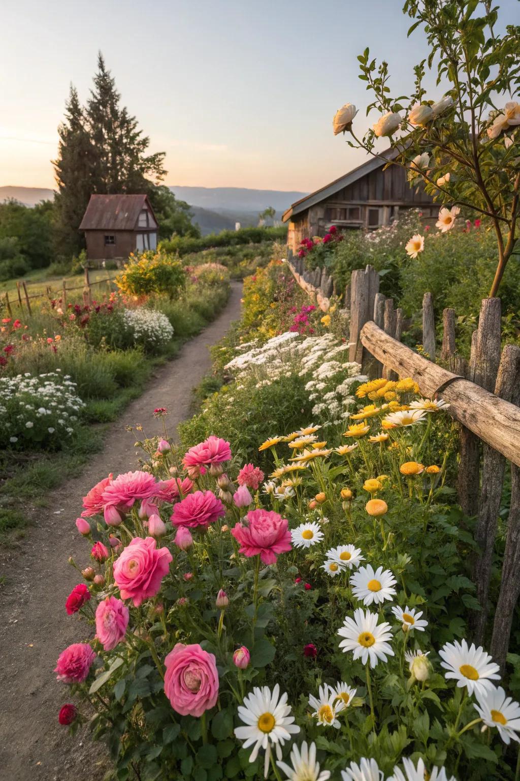 A vibrant mix of flowers creating a riot of colors in a cottage garden.