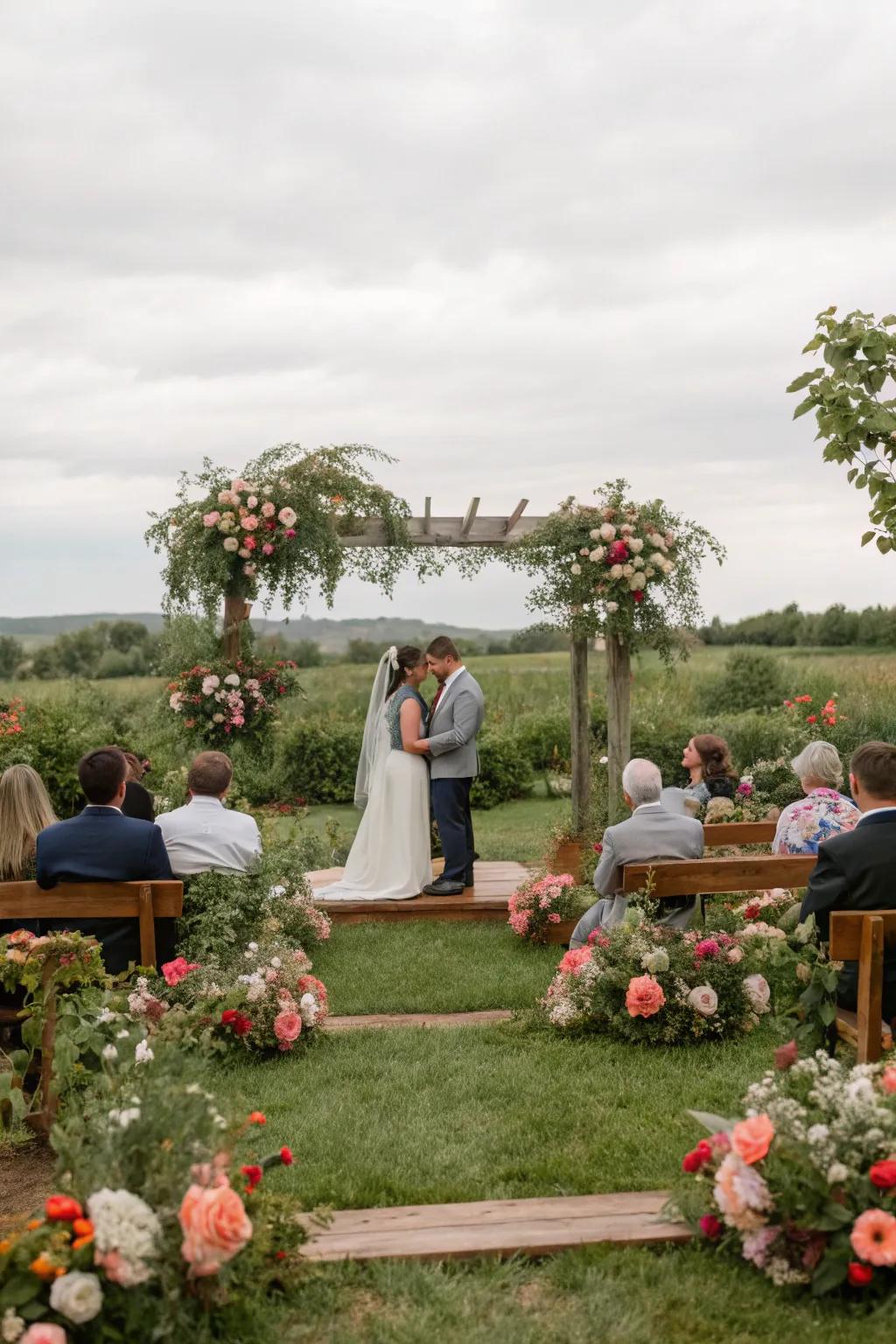 A picturesque country wedding ceremony in a lush garden setting.