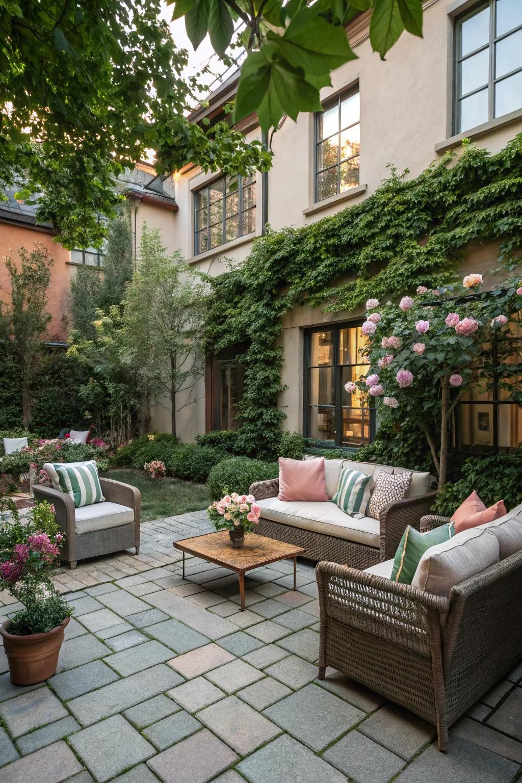 Create a welcoming seating area with comfortable furniture on your courtyard pavers.