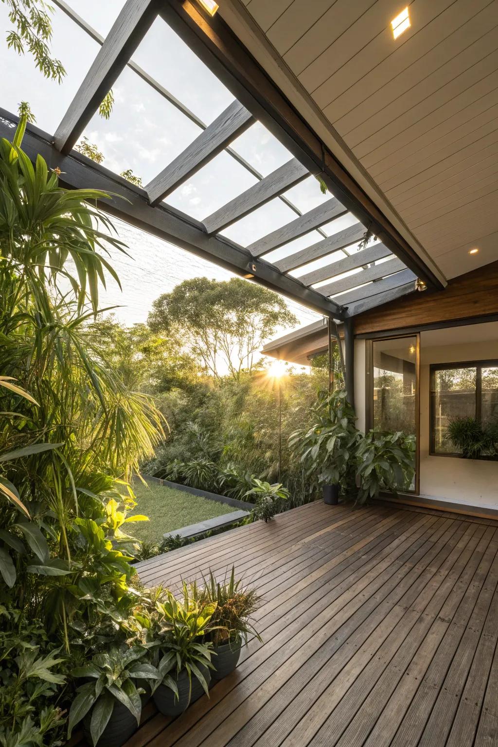 A deck board roof with skylights brings warmth and light to your patio.