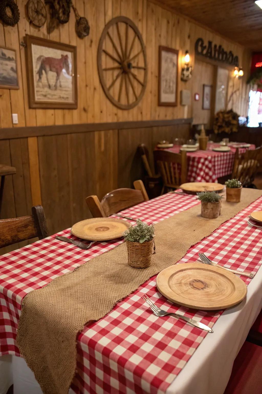 Set the scene with a classic red checkered tablecloth and burlap accents.