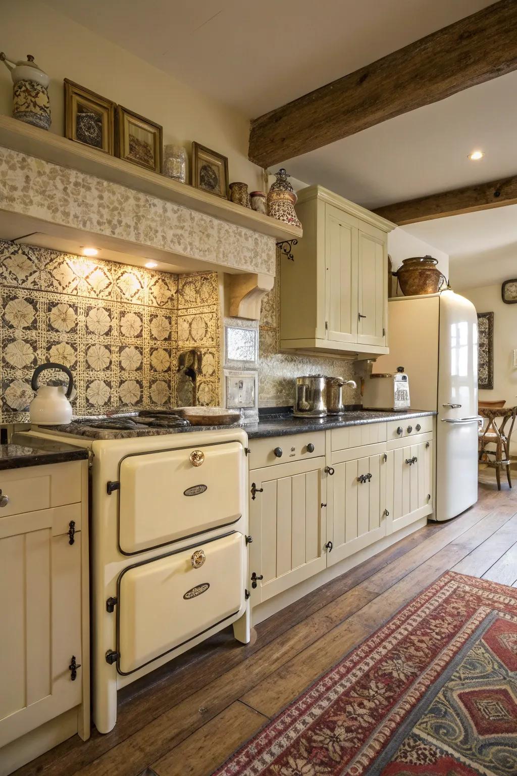 Classic cream cabinets offer timeless charm.