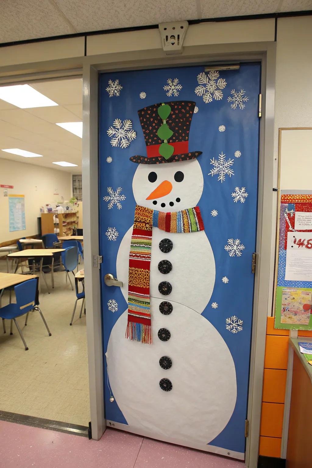 A classroom door turned into a cheerful snowman, complete with a colorful scarf.