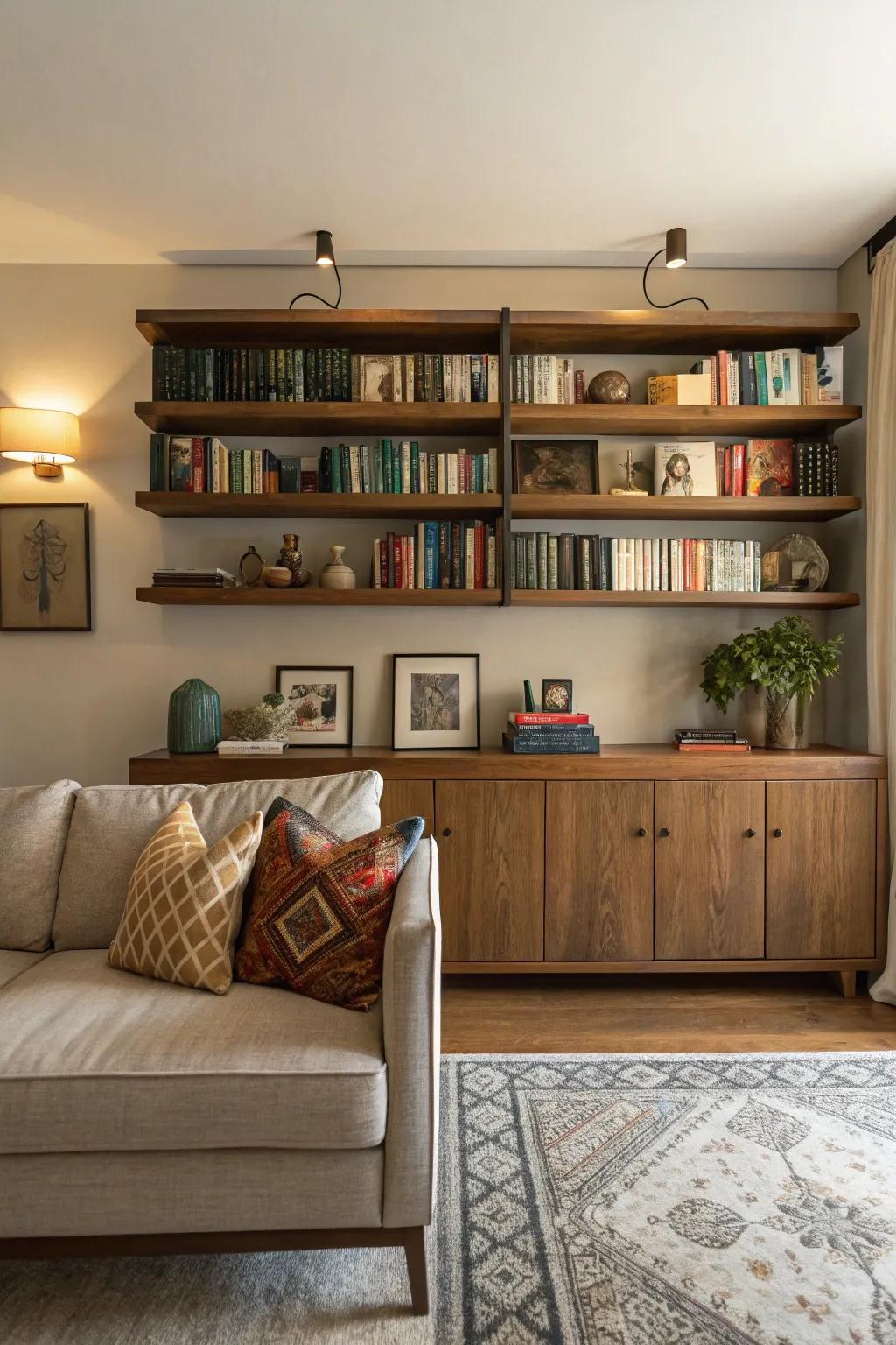 Floating bookshelves above a credenza create a cozy reading nook.