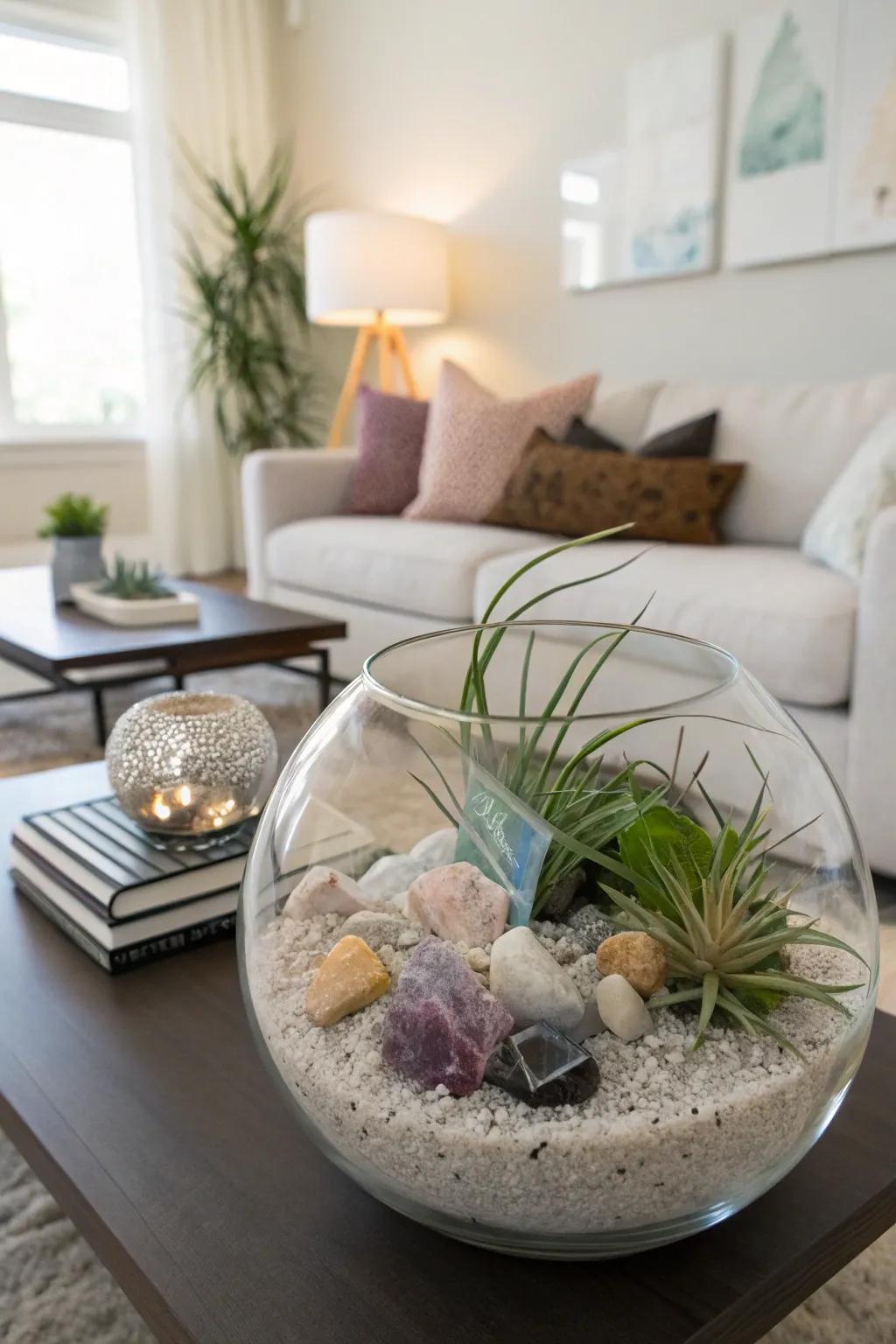 A glass terrarium displaying crystals and air plants on a coffee table.