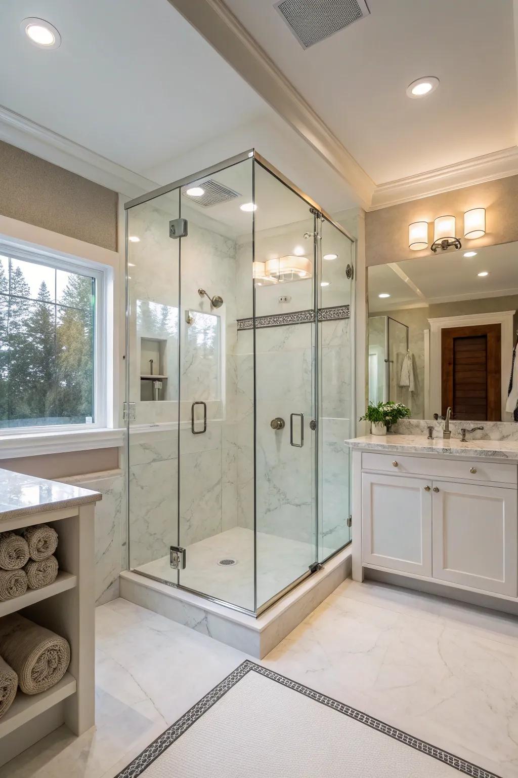 Glass doors enhance the sleekness of cultured marble showers.