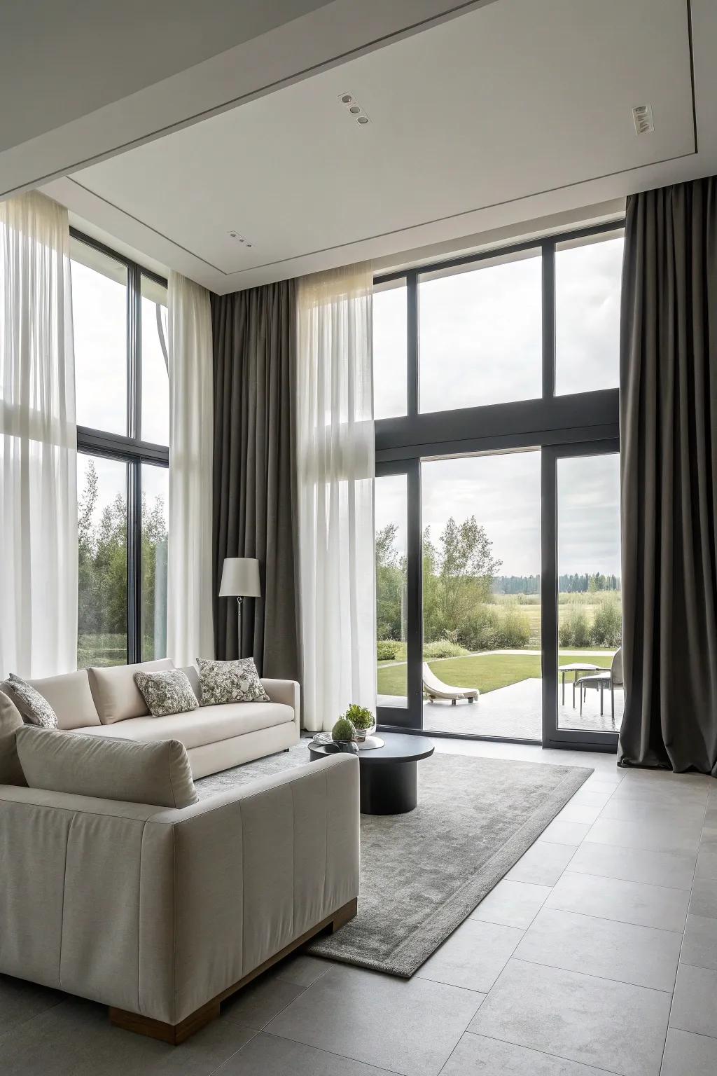 Monochrome curtains bring a touch of modern elegance.