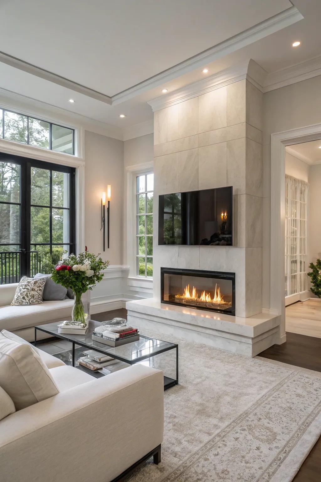 A modern glass-enclosed fireplace that exudes elegance and sophistication.